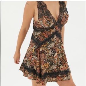 URBAN OUTFITTERS Tiffany Plunging Lace Trim Mini Dress